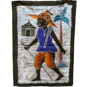Batik Man with Walking Stick Hand Dyed Fabric Panel by Artist Theodore Asshola